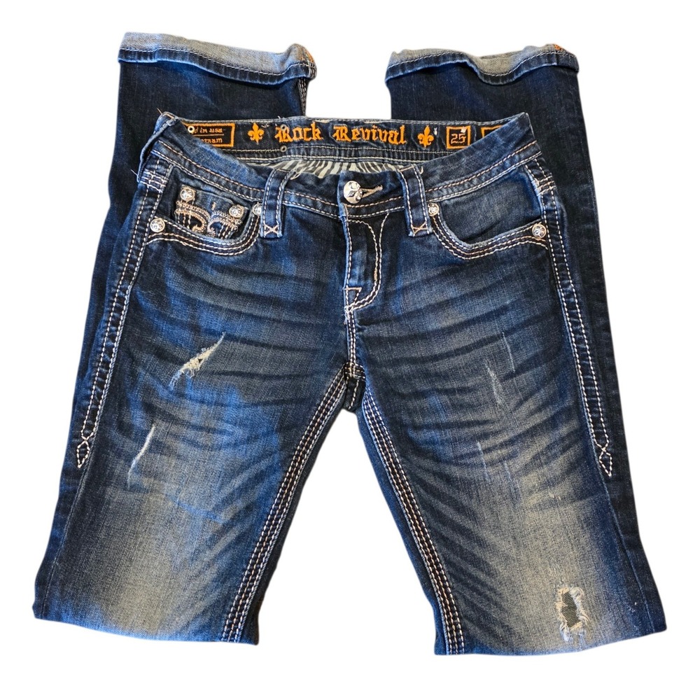 Rock Revival Drew Bootcut Jeans Women Size 25 Dark Wash Distressed Rhinestone